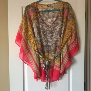 Colorful belted poncho top